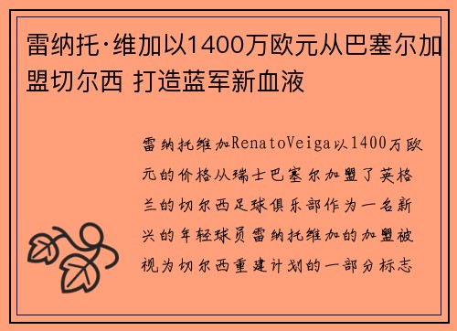 雷纳托·维加以1400万欧元从巴塞尔加盟切尔西 打造蓝军新血液