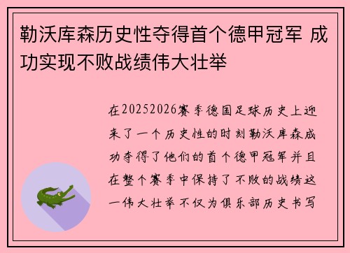 勒沃库森历史性夺得首个德甲冠军 成功实现不败战绩伟大壮举