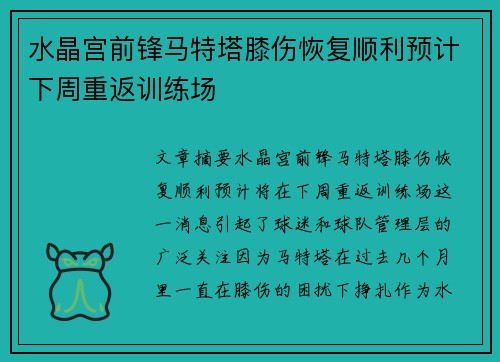 水晶宫前锋马特塔膝伤恢复顺利预计下周重返训练场