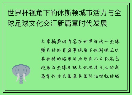 世界杯视角下的休斯顿城市活力与全球足球文化交汇新篇章时代发展